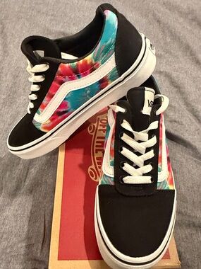 Vans Black Sneakers with Pink, Turquoise & Yellow Tie-Dye Panels